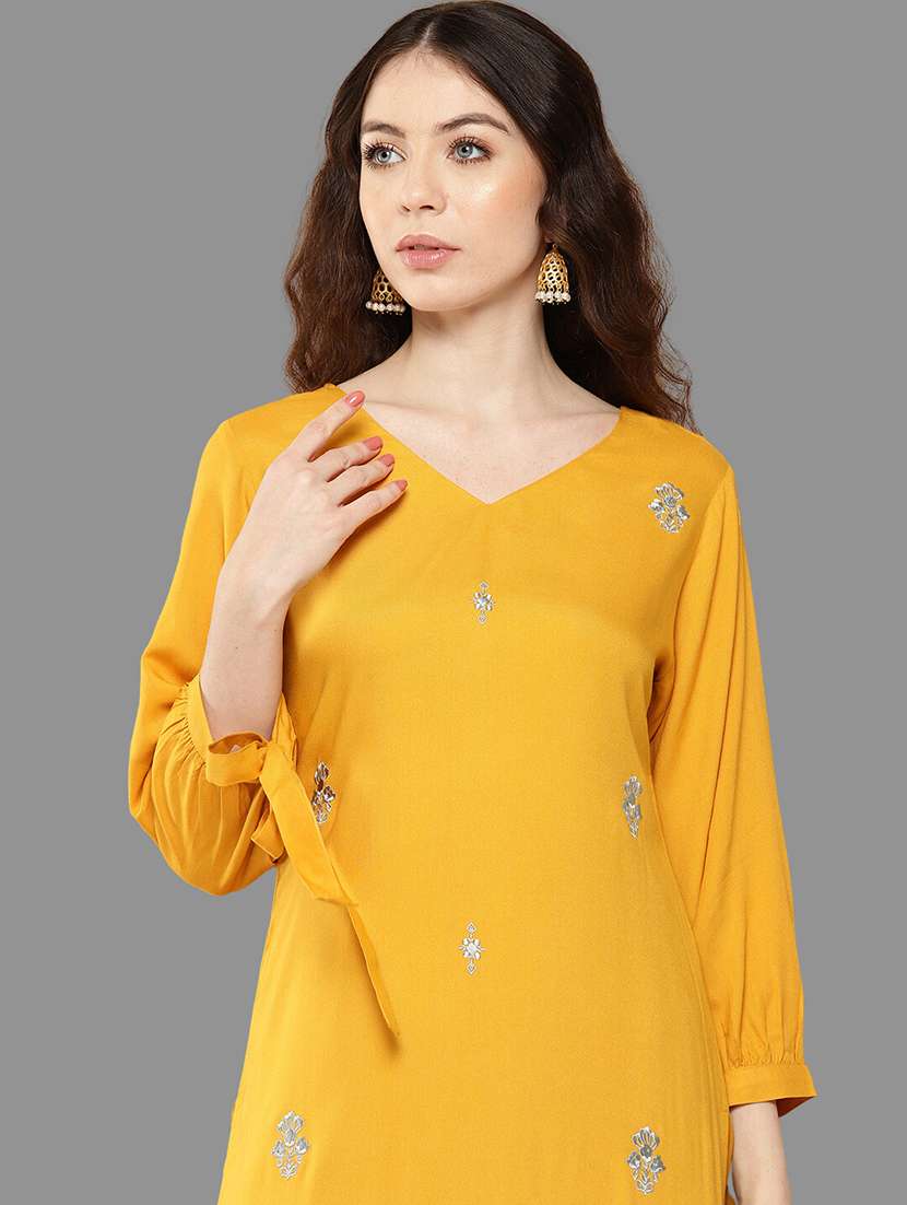 mustard solid with work straight kurta - 20381690 -  Standard Image - 4