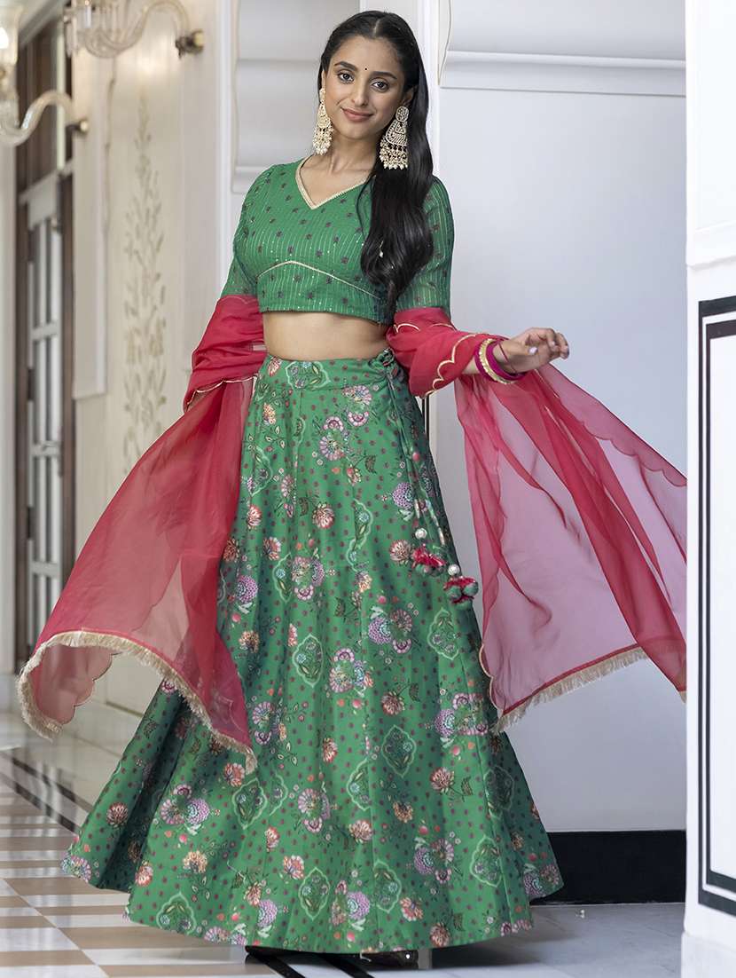 green flared stitched lehenga