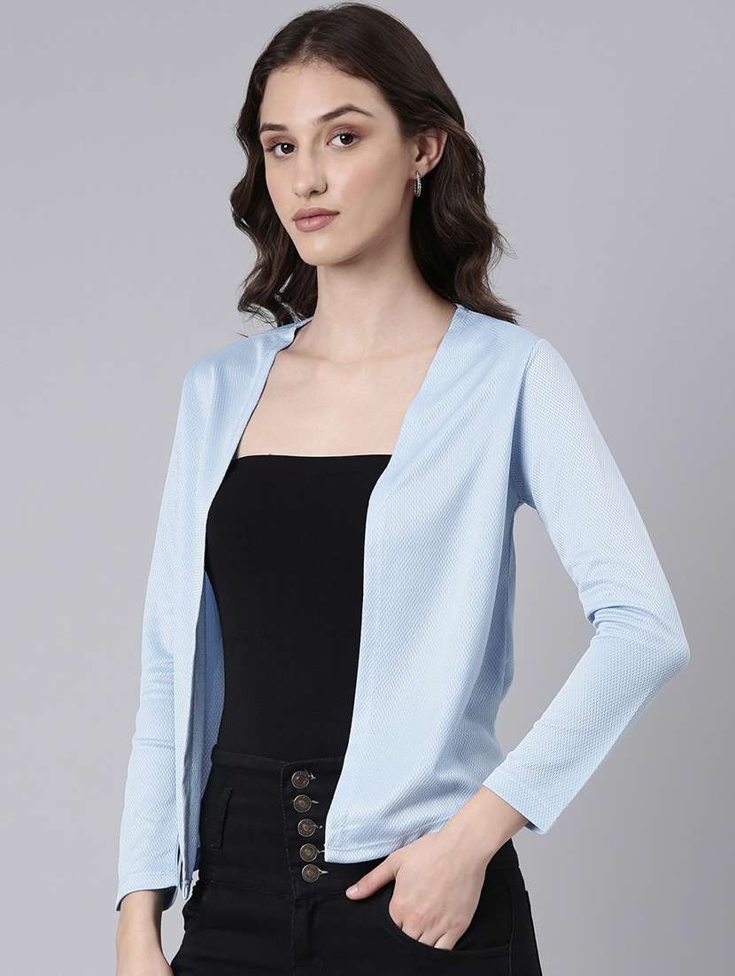 women's self design long sleeves regular straight open front blue shrug - 20381733 -  Standard Image - 1