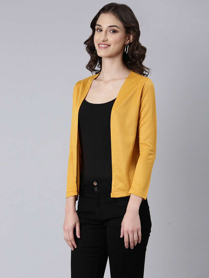  women's self design long sleeves regular straight open front mustard shrug - 20381736 -  Standard Image - 1