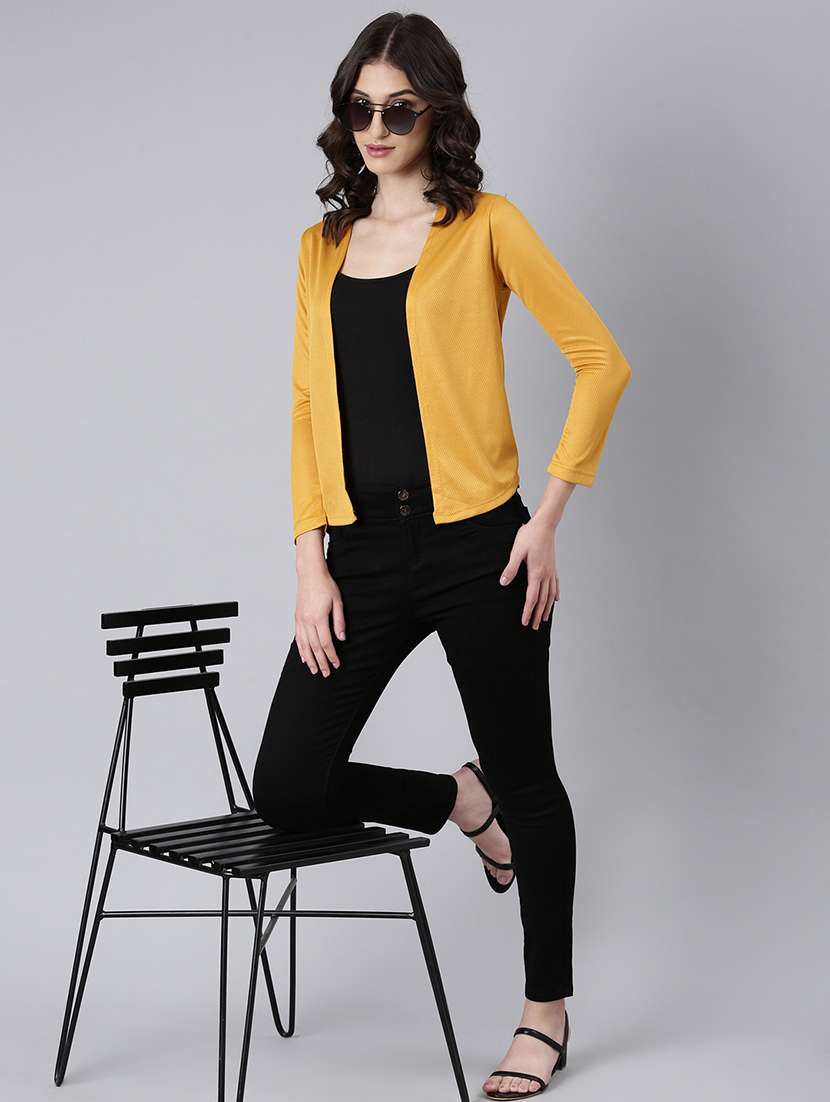  women's self design long sleeves regular straight open front mustard shrug - 20381736 -  Standard Image - 4