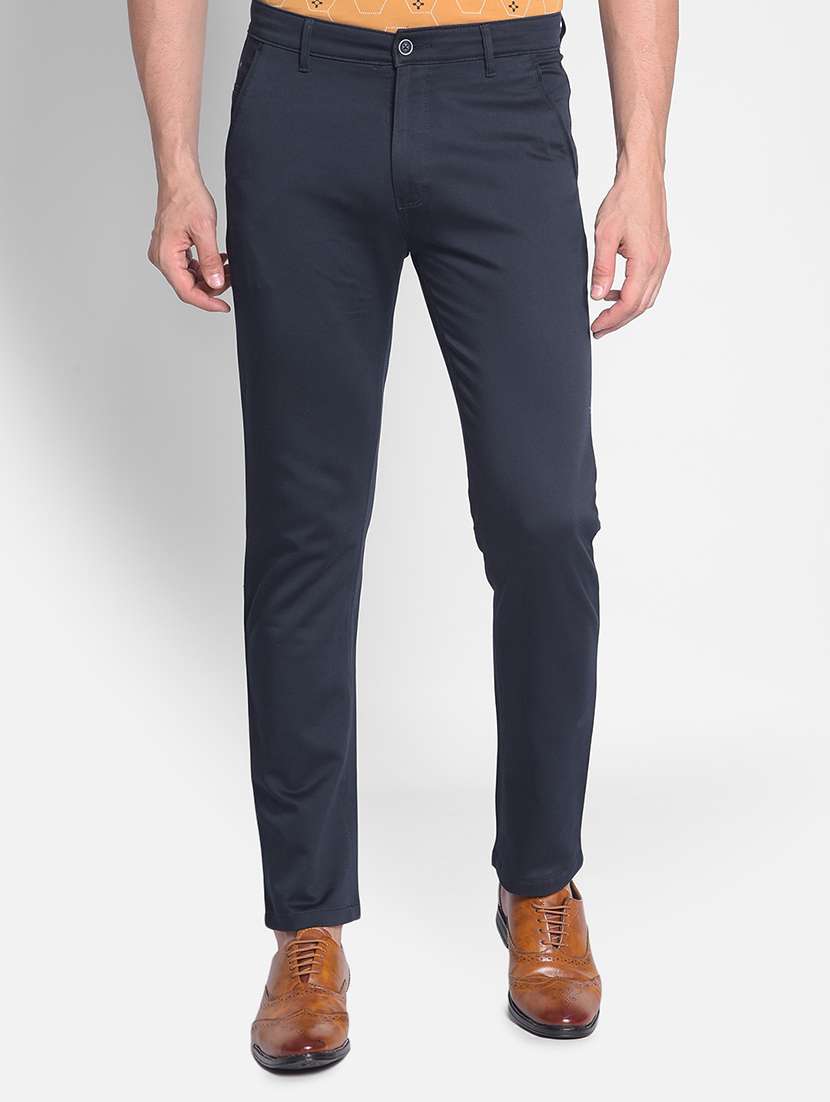 men navy blue solid cotton slim fit casual trouser