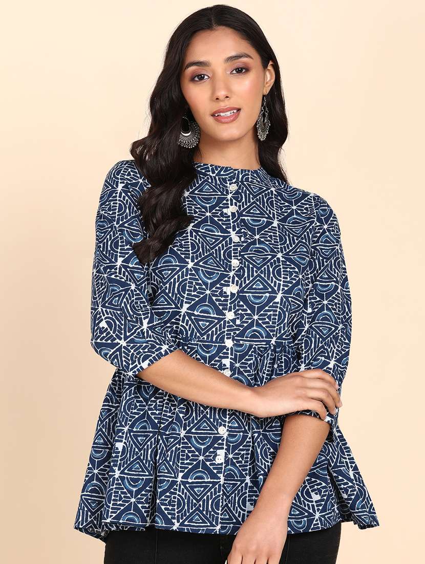 blue dabu print asymmetric shirt