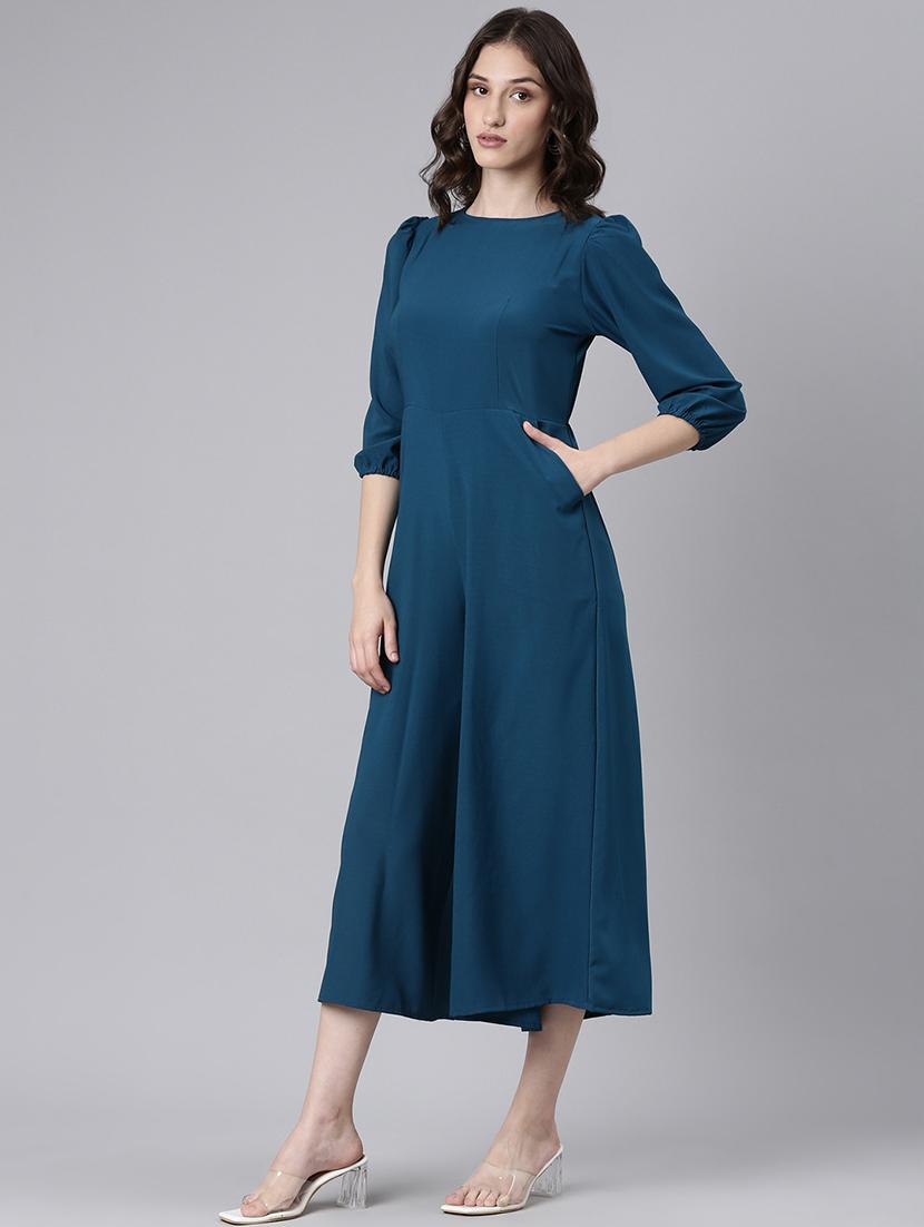 teal cotton 3/4 th jumpsuit - 20382739 - Standard Image - 1