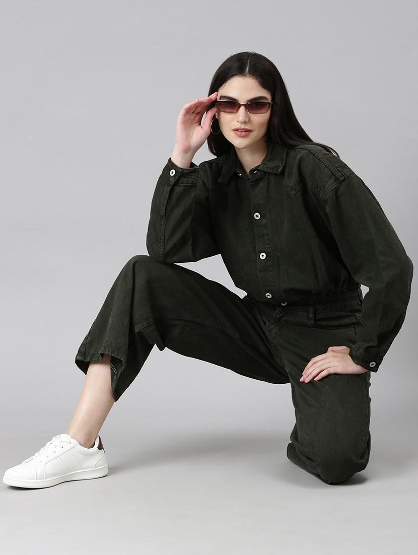 olive denim full leg jumpsuit - 20382742 - Standard Image - 4