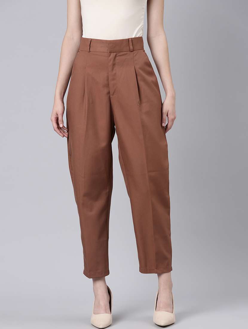 women solid cotton pleated trouser