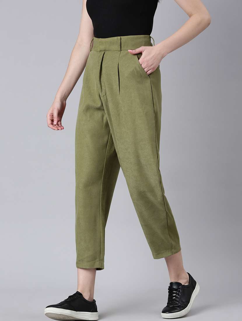 women solid cotton pleated trouser - 20382912 - Standard Image - 1