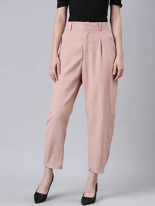 women solid cotton pleated trouser - 20382913 - Standard Image - 0