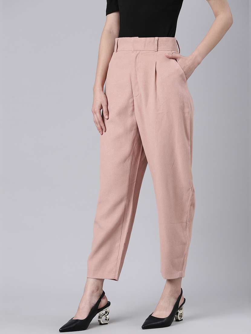 women solid cotton pleated trouser - 20382913 - Standard Image - 1
