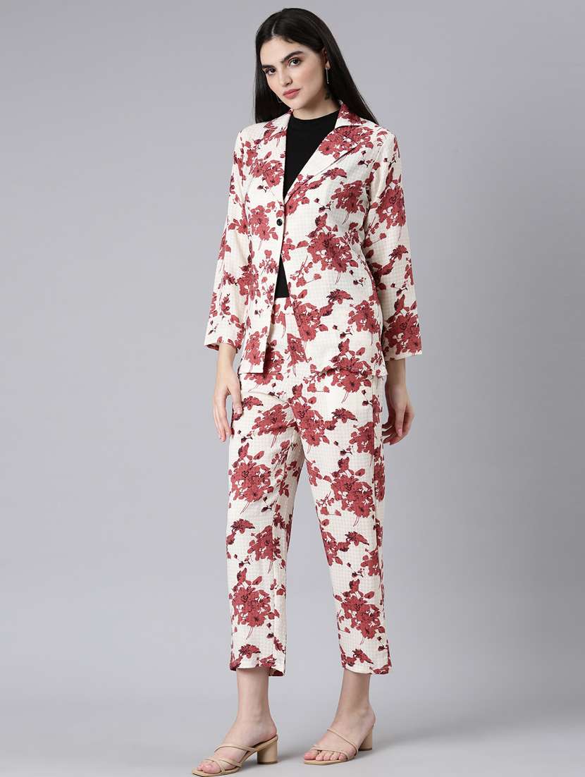 beige floral print bottom and coat co-ord set - 20382947 -  Standard Image - 1