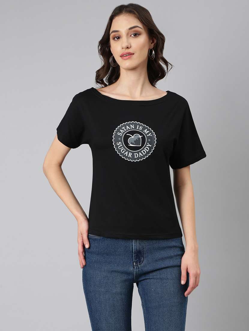 women's chest print boat neck t-shirt