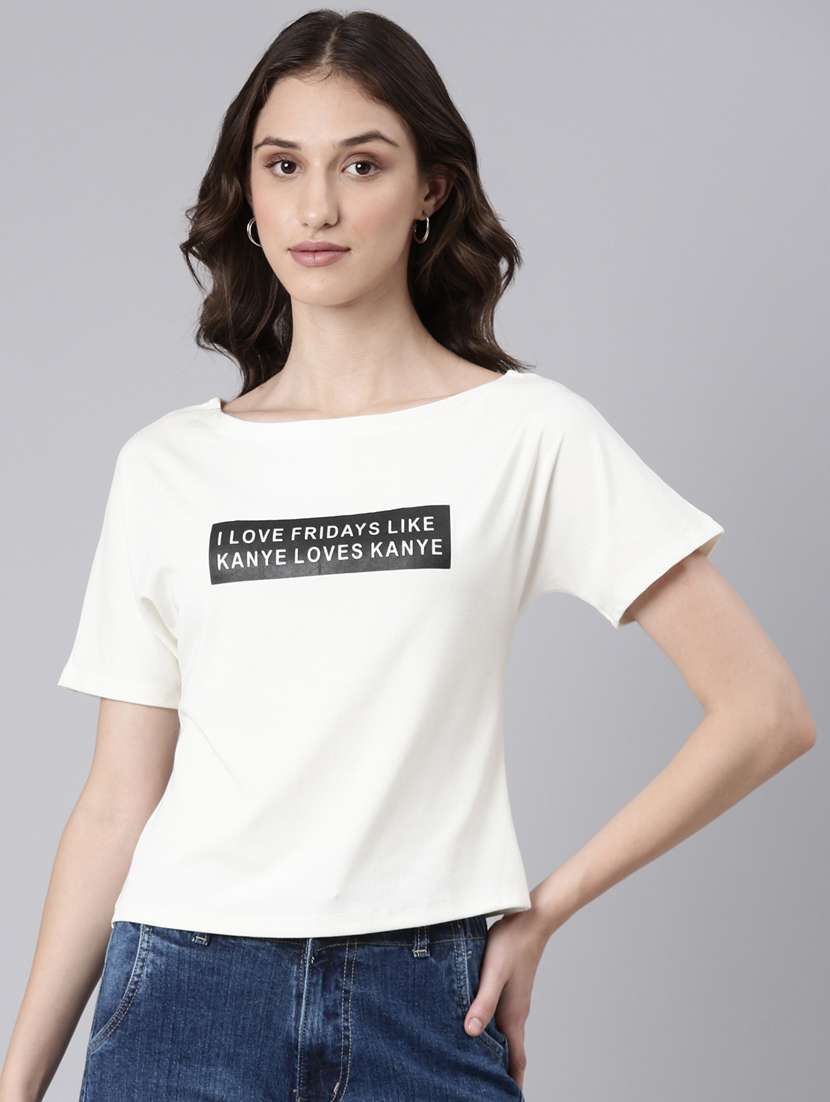 women's chest print boat neck t-shirt