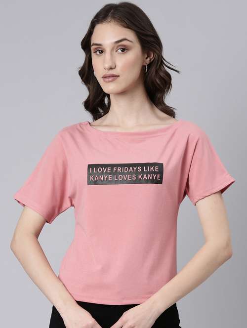 Women's Chest Print Boat Neck T Shirt