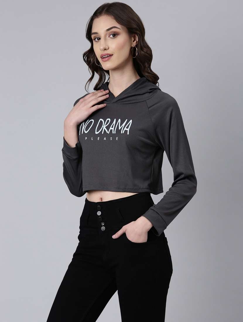 women charcoal typographic print hooded cotton crop t-shirt - 20383014 - Standard Image - 1