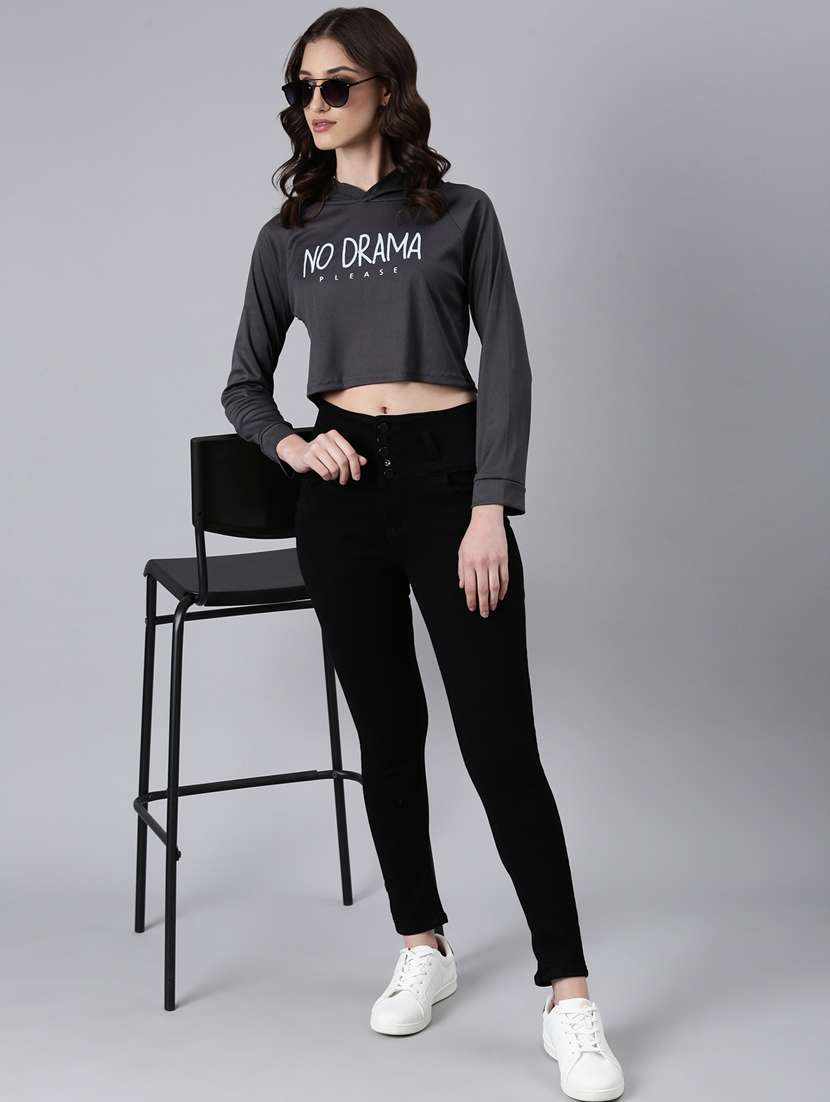women charcoal typographic print hooded cotton crop t-shirt - 20383014 - Standard Image - 4