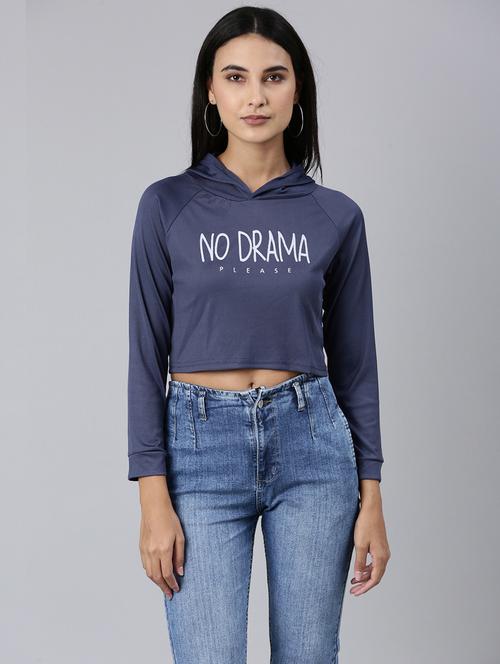 women typography print hooded navy blue cotton crop t-shirt - 20383015 - Standard Image - 0