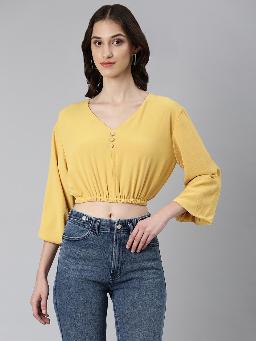 yellow solid v neck crop top - 20383049 -  Zoom Image - 0