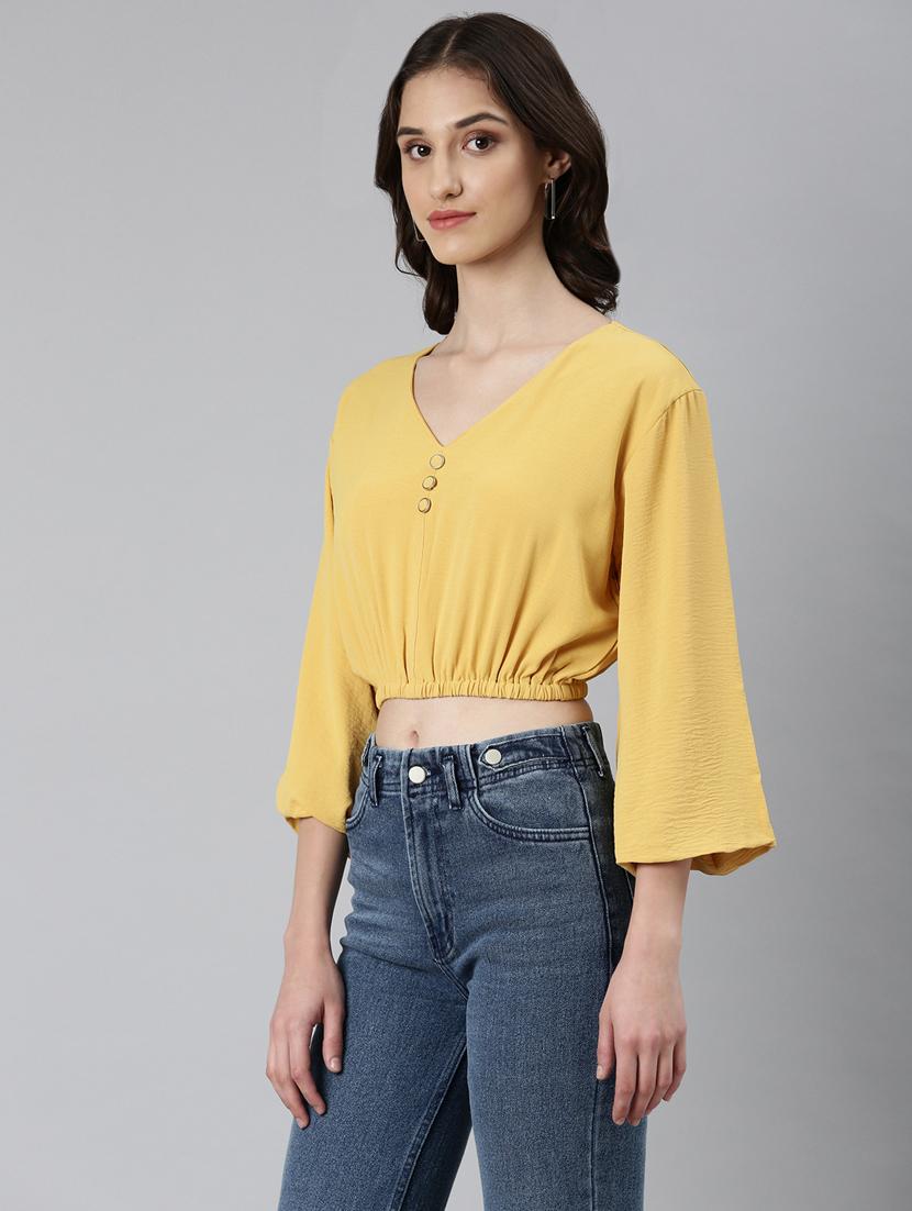 yellow solid v neck crop top - 20383049 -  Standard Image - 1