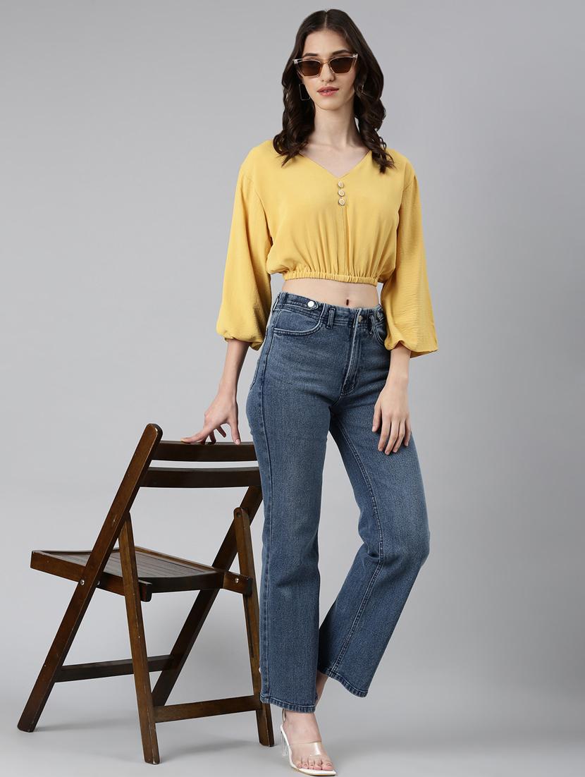 yellow solid v neck crop top - 20383049 - Standard Image - 4