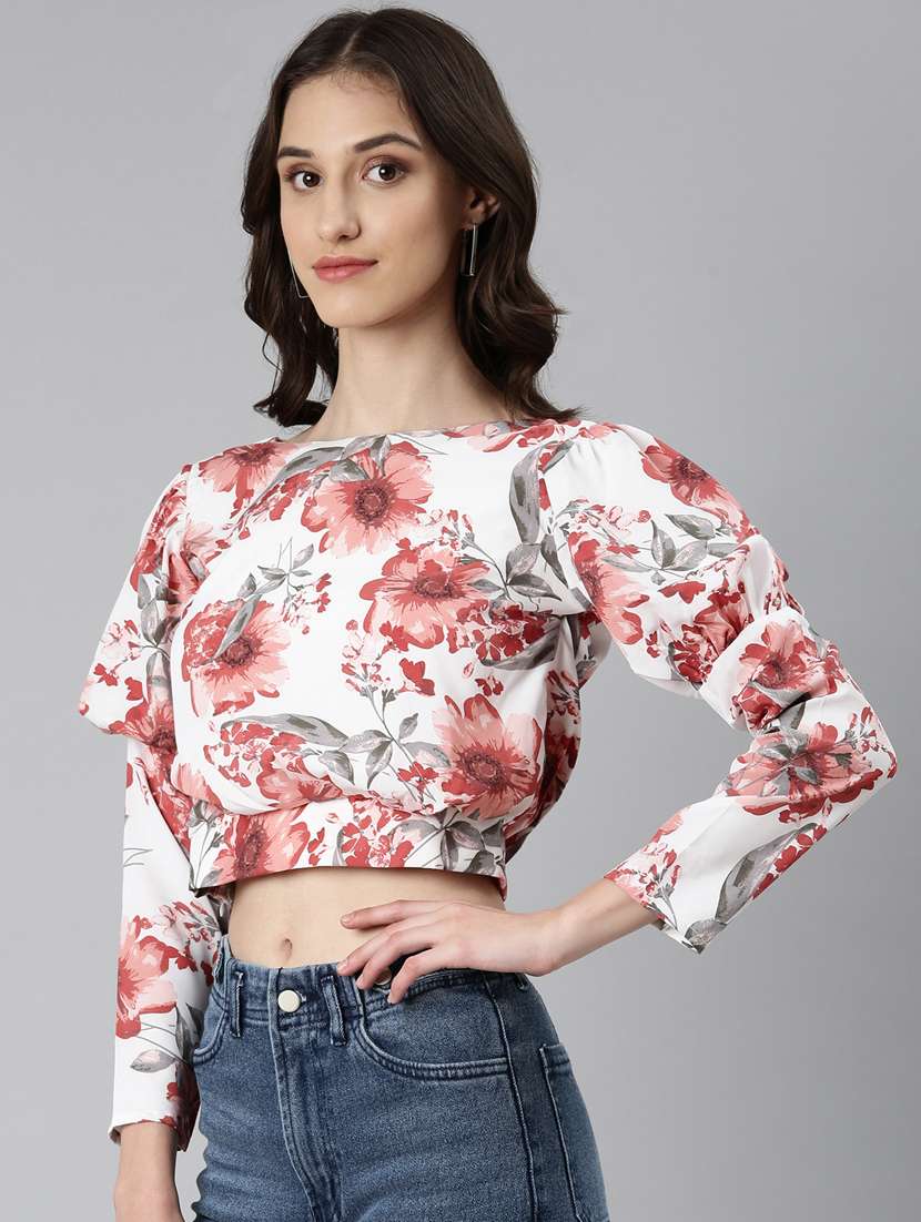 women multi color printed crepe blouson top with juliet sleeve - 20383053 -  Standard Image - 1