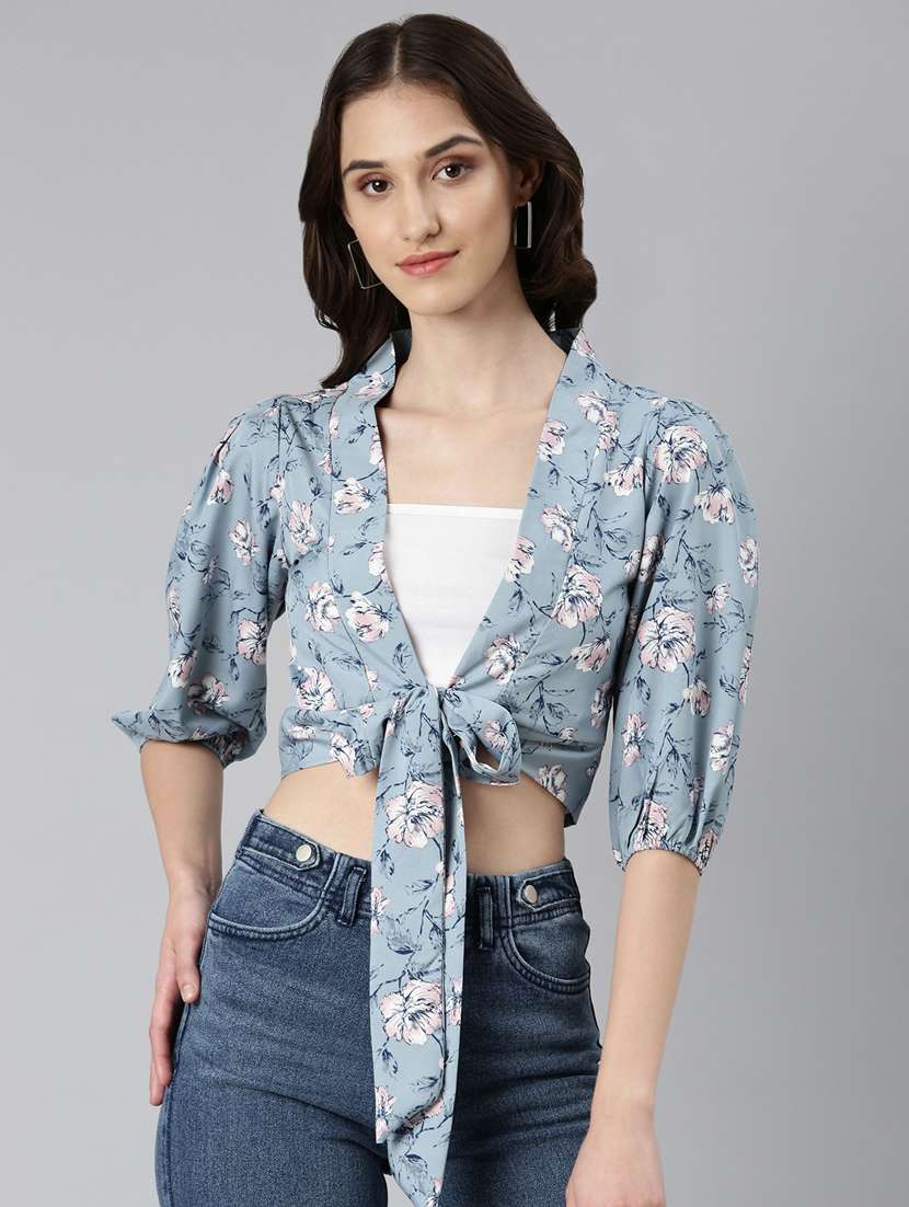 women multi color printed crepe wrap top