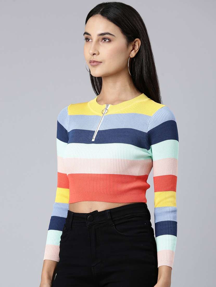 women round neck striped crop top - 20383089 -  Standard Image - 1