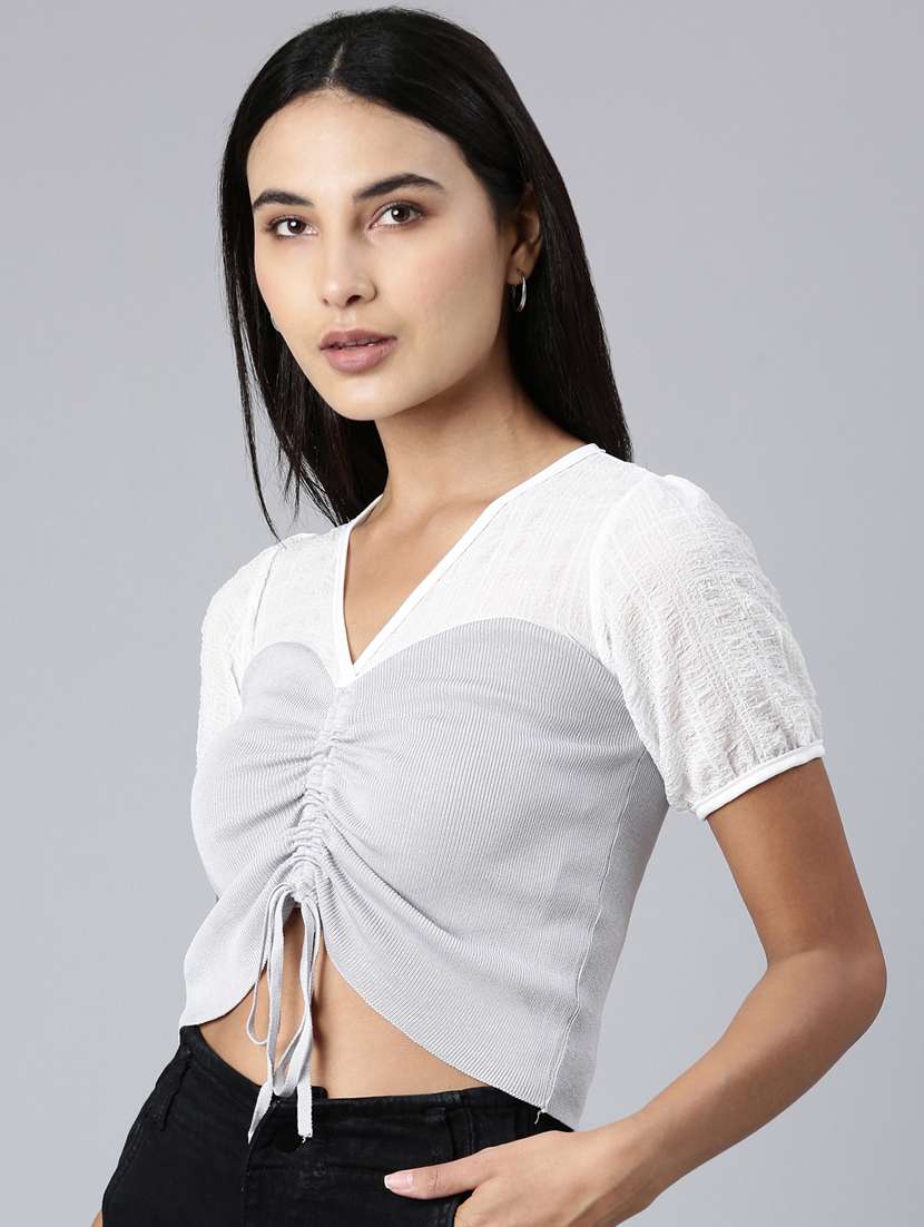 grey color block crop top - 20383128 -  Standard Image - 1