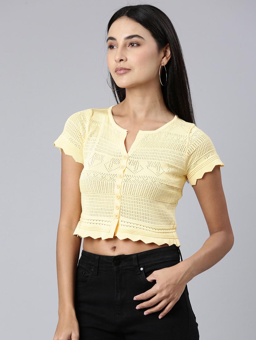 yellow self design crop top - 20383137 - Standard Image - 1