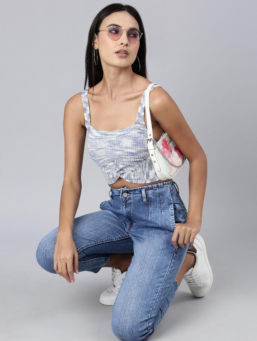 blue self design crop top - 20383148 - Standard Image - 4