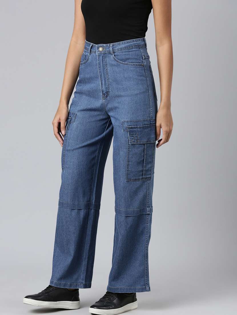 women blue plain cargo jeans - 20383181 - Standard Image - 1