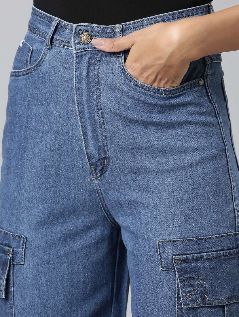 women blue plain cargo jeans - 20383181 - Standard Image - 6