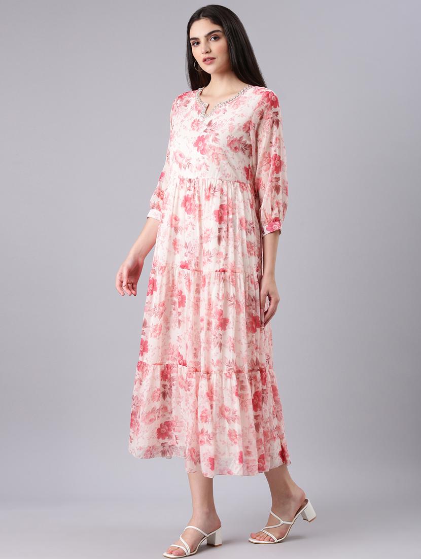 cream floral tiered dress - 20383295 - Standard Image - 1