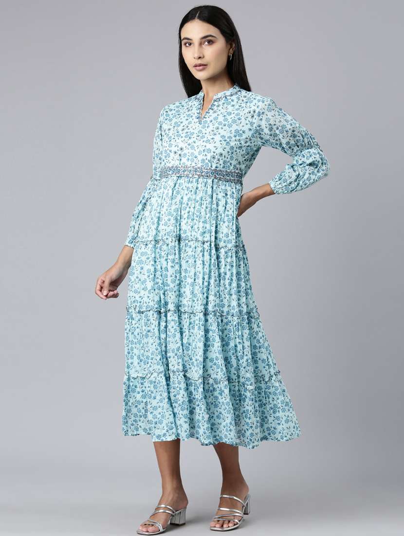 women blue cotton fit & flare dress - 20383296 -  Standard Image - 1