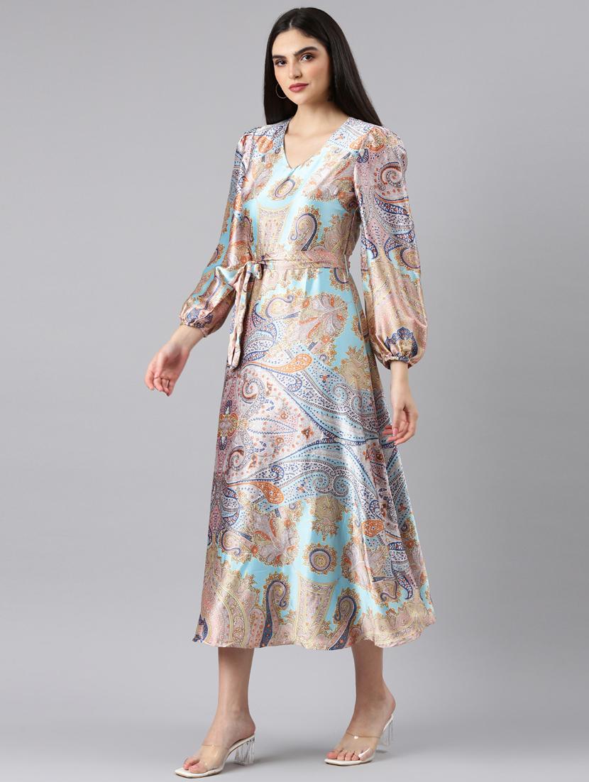 light blue printed a-line dress - 20383301 - Standard Image - 1