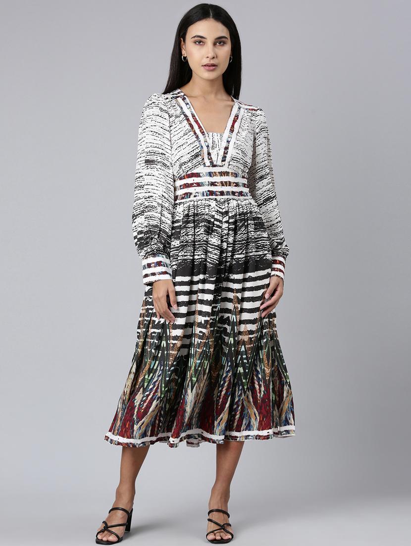 women mutli color printed georgette fit & flare dress - 20383303 - Zoom Image - 0