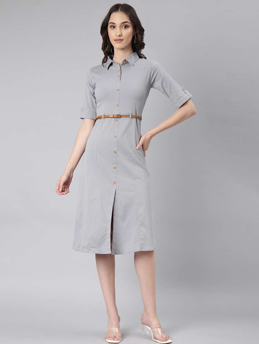 women grey cotton shirt dress
