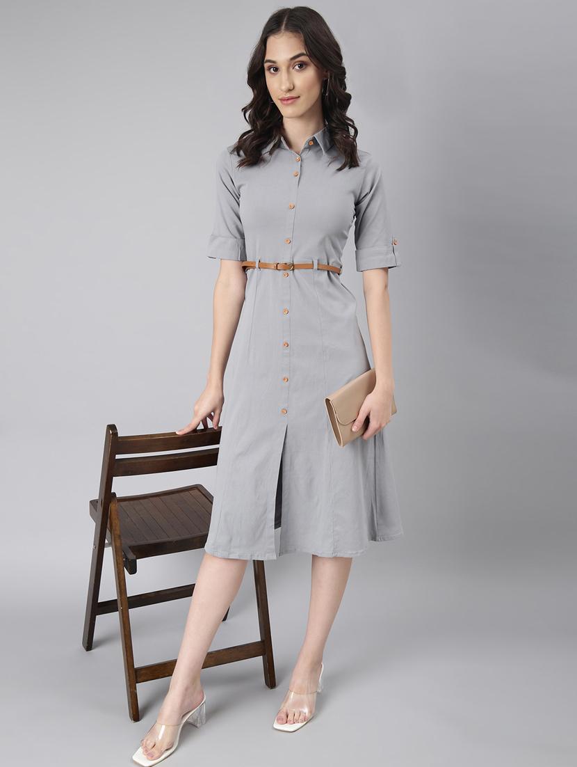 women grey cotton shirt dress - 20383310 - Standard Image - 4