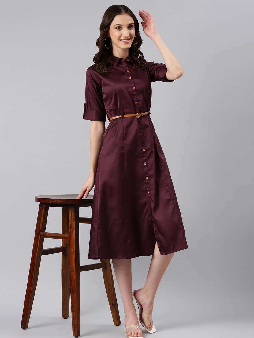 burgundy solid shirt dress - 20383311 -  Standard Image - 4