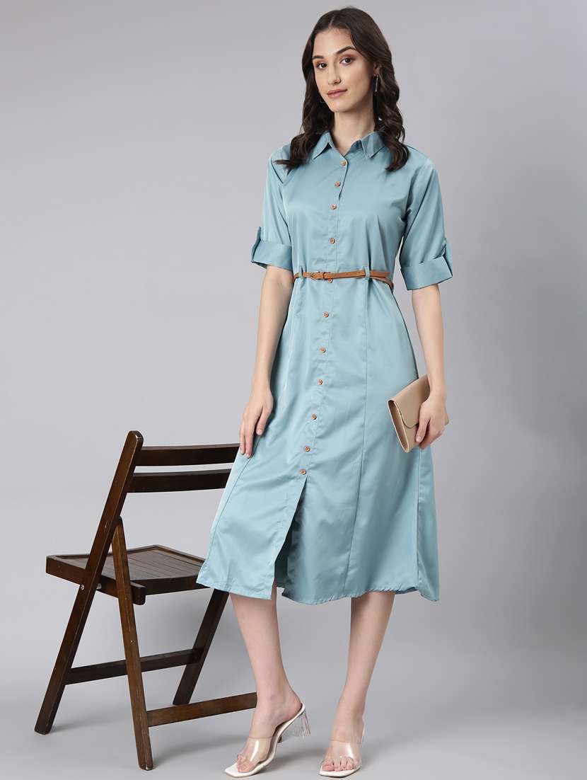 women teal cotton shirt dress - 20383312 -  Standard Image - 4