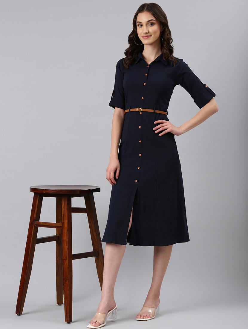 navy blue solid shirt dress - 20383313 - Standard Image - 4