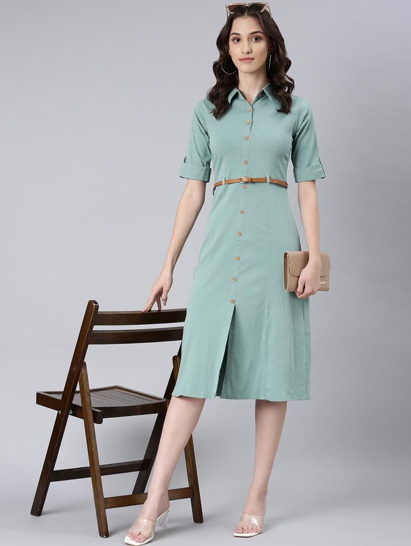 women green cotton shirt dress - 20383314 - Standard Image - 4