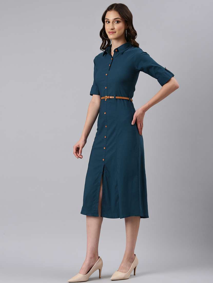 women teal cotton shirt dress - 20383315 -  Standard Image - 1