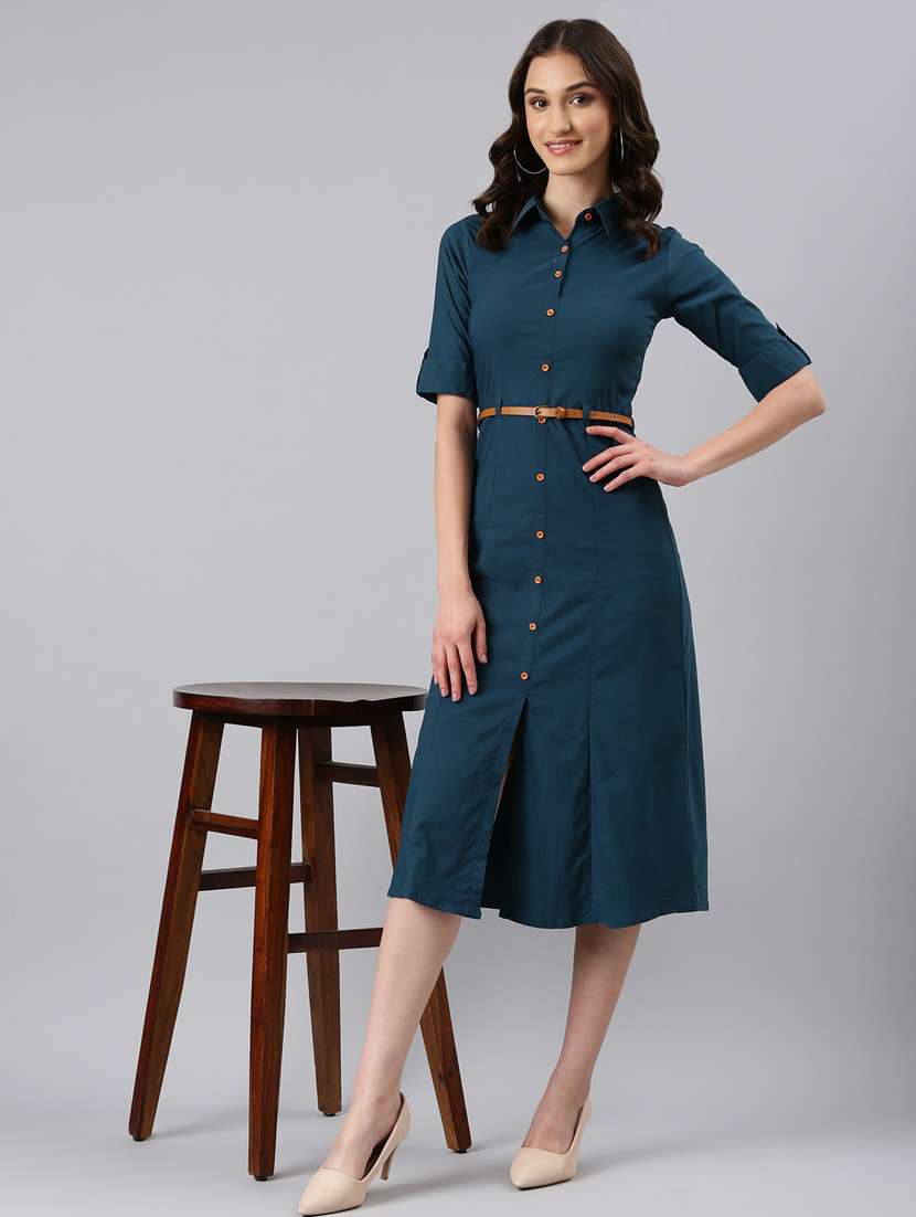 women teal cotton shirt dress - 20383315 -  Standard Image - 4