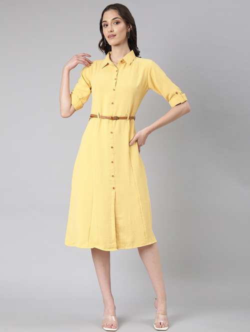 yellow solid shirt dress with belt - 20383321 -  Standard Image - 0