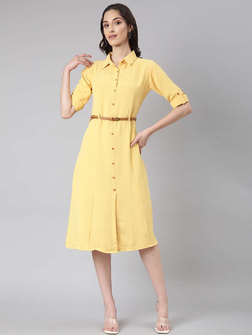 yellow solid shirt dress with belt