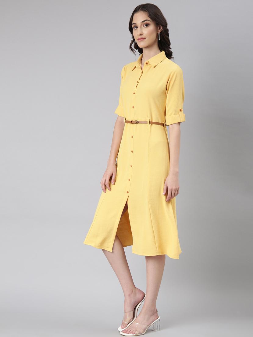 yellow solid shirt dress with belt - 20383321 - Standard Image - 1