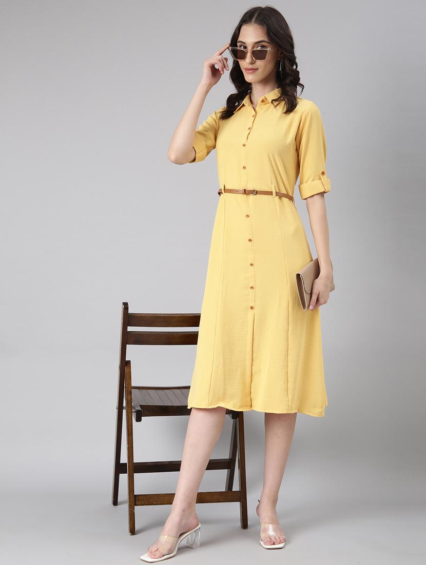 yellow solid shirt dress with belt - 20383321 - Standard Image - 4