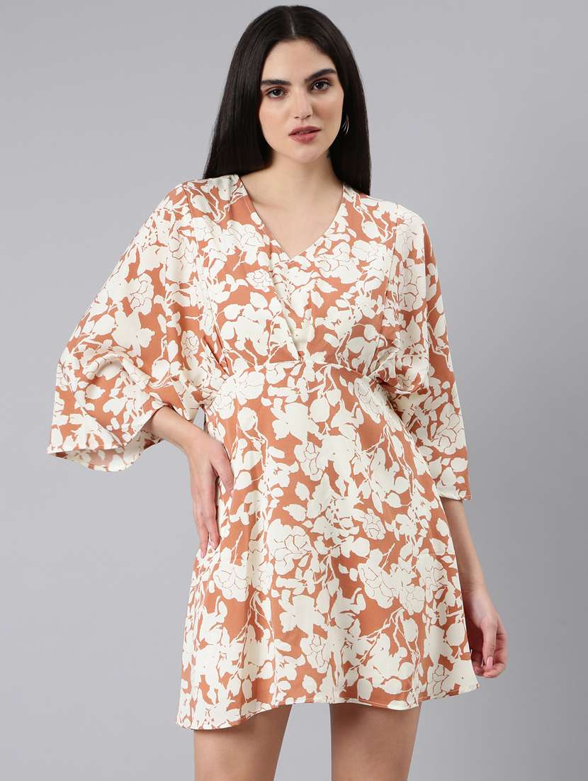 beige floral print a-line dress