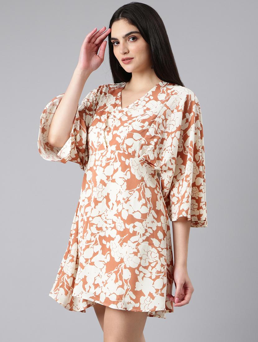 beige floral print a-line dress - 20383345 - Standard Image - 1