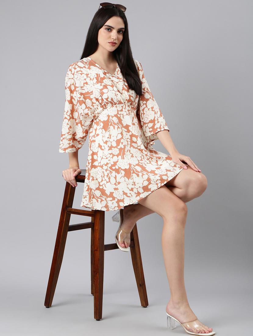 beige floral print a-line dress - 20383345 - Standard Image - 4
